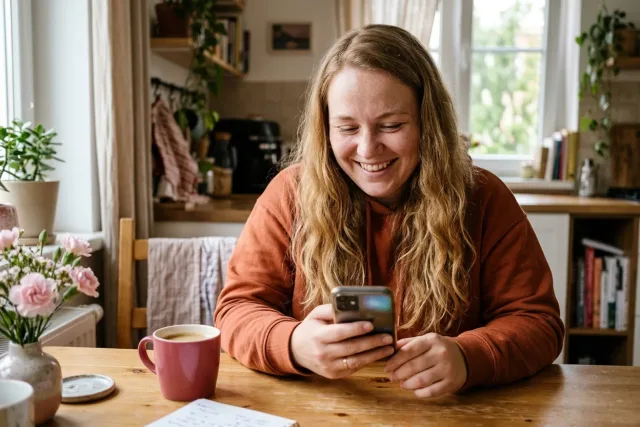 Usměvavá žena s pihami drží u kávy telefon, displej otočený od kamery
