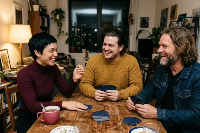 Tři kamarádi se smějí u stolu při karetní hře, teplé večerní světlo v bytě